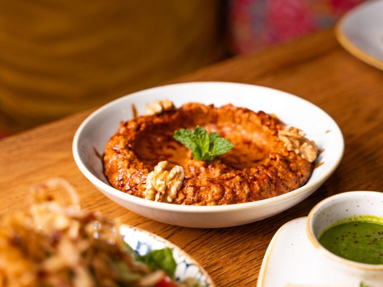 High-angle close-up of Mediterranean dishes featuring flavorful muhammara dip with walnuts.